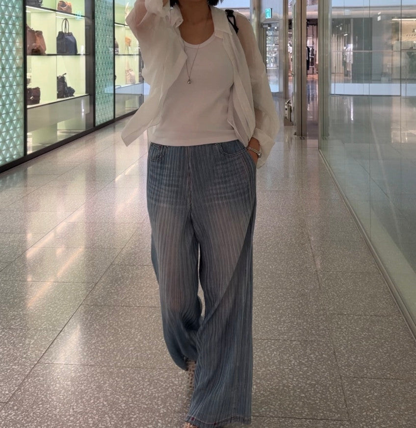 👖💙 [77-88가능] 여름엔 청바지 말고 청플리츠! 한국생산 아이스 데님 플리츠 와이드 팬츠 💙👖 체형커버 밴딩팬츠 · 시원한 여름팬츠 · 데님룩 플리츠팬츠 | Made in Korea Ice Denim Pleated Wide Pants ✨
