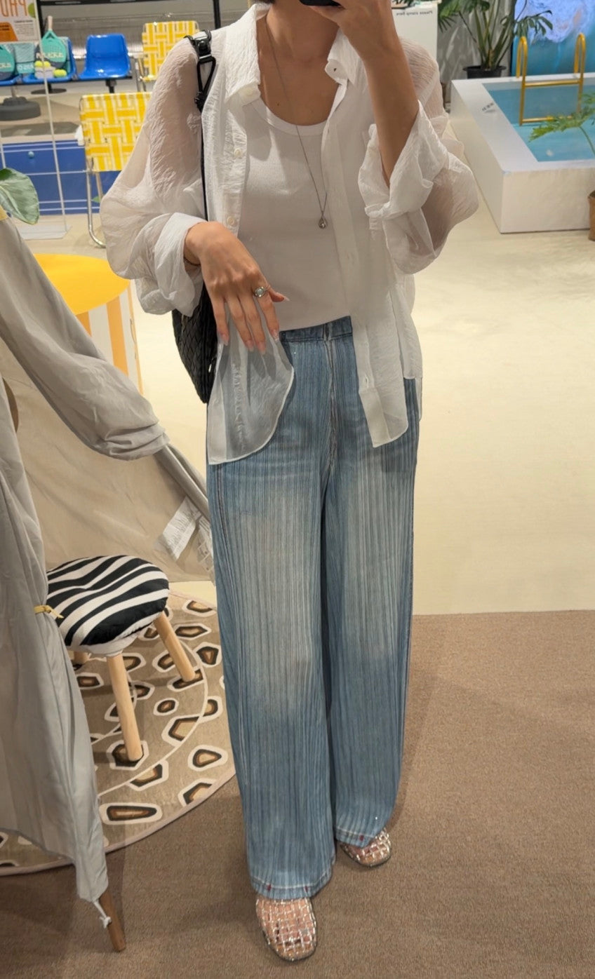 👖💙 [77-88가능] 여름엔 청바지 말고 청플리츠! 한국생산 아이스 데님 플리츠 와이드 팬츠 💙👖 체형커버 밴딩팬츠 · 시원한 여름팬츠 · 데님룩 플리츠팬츠 | Made in Korea Ice Denim Pleated Wide Pants ✨