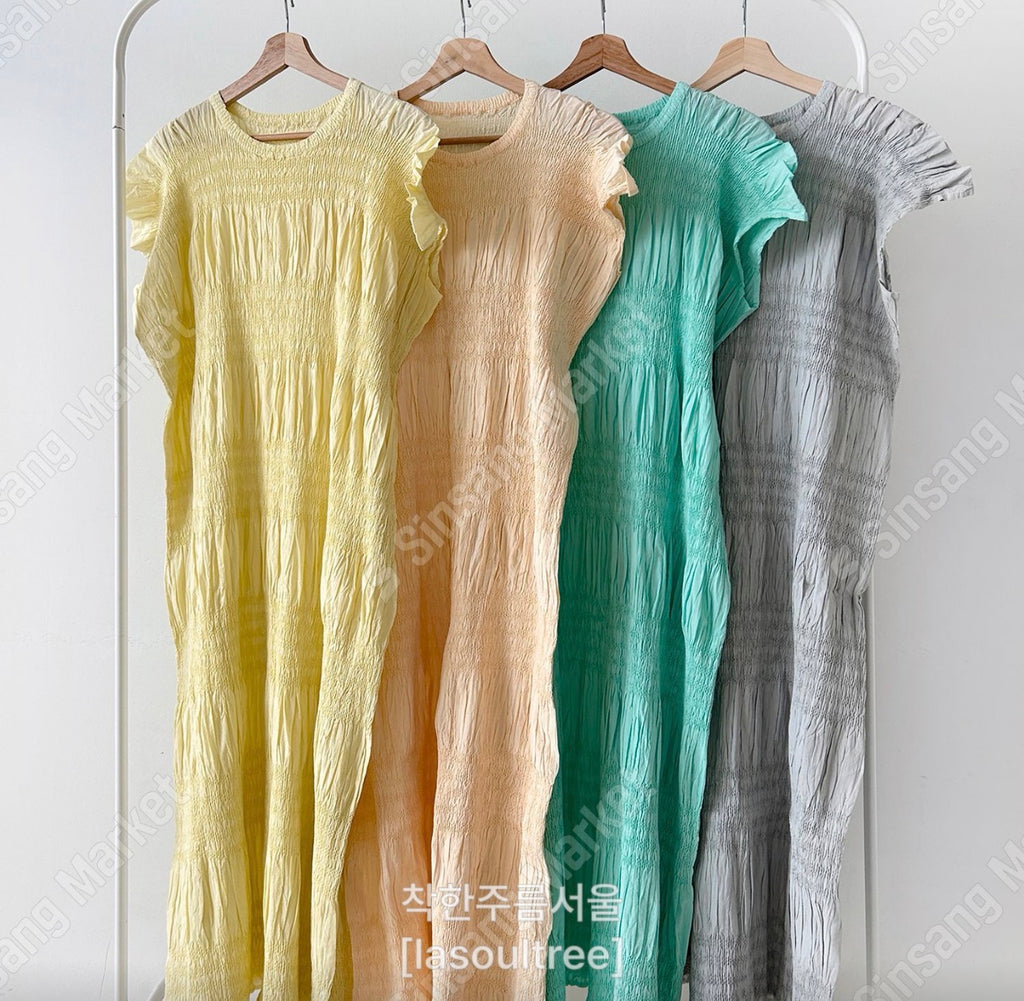 🌿 플리츠 스모그 이세 면 플리츠 롱 원피스 │ Issey Smocked Cotton Pleated Maxi Dress · 캡소매 · 체형커버 · 휴양지원피스 · 내추럴무드 · 55~77반 추천