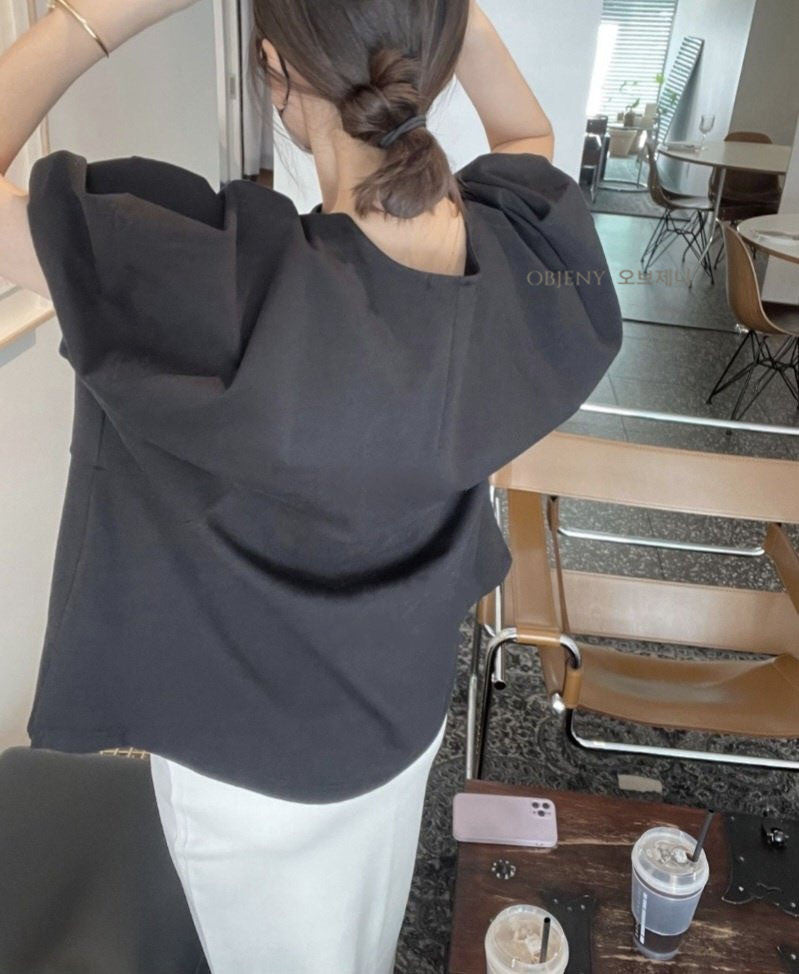 💕✨ [77사이즈 가능] 노리타 볼륨 퍼프소매 루즈핏 반팔 티셔츠 ✨💕 체형커버 오버핏 티셔츠 · 팔뚝커버 퍼프소매 · 데일리룩 출근룩 추천 | Puff Sleeve Relaxed Fit T-Shirt ✨ Body-Flattering Oversized Tee