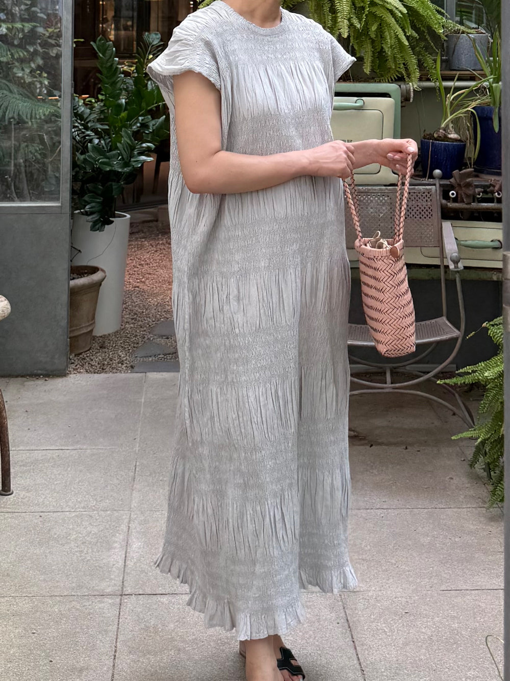 🌿 플리츠 스모그 이세 면 플리츠 롱 원피스 │ Issey Smocked Cotton Pleated Maxi Dress · 캡소매 · 체형커버 · 휴양지원피스 · 내추럴무드 · 55~77반 추천