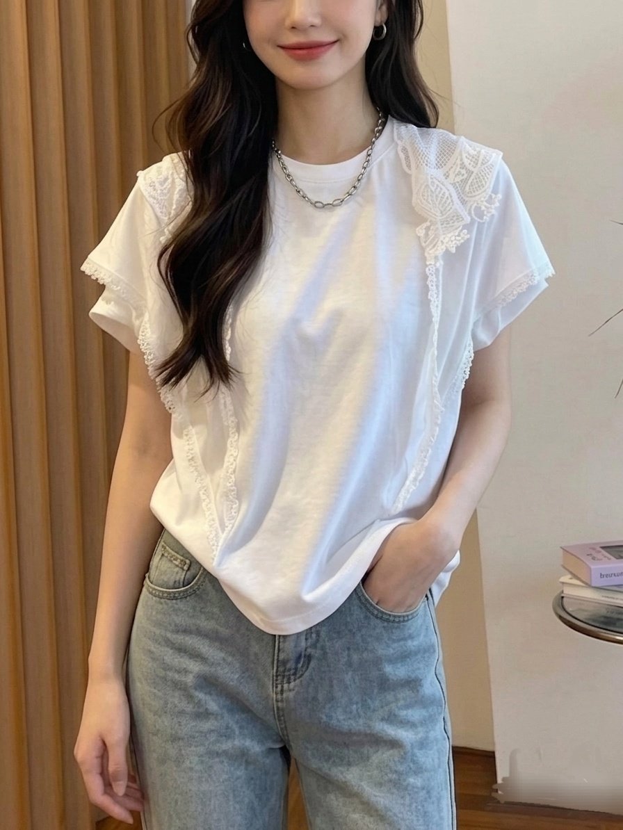 🌿 [리더제이] [44~77까지] 레이스 머플러 포인트 실켓 티셔츠 여성 반팔티 데일리룩 레이어드 티 | Leader J Lace Scarf Point Silket T-Shirt