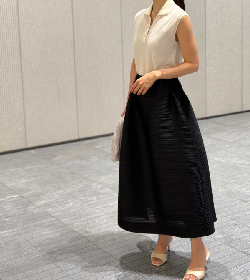 🏺 [88가능]프리미엄 돋보적 입체 가로 플리츠 항아리 벌룬 미디 스커트[비침있음] │ Sculpted Horizontal Pleated Balloon Midi Skirt with Tummy Control · 체형커버 · 밴딩허리 · 우아한 볼륨핏 · 88까지 추천