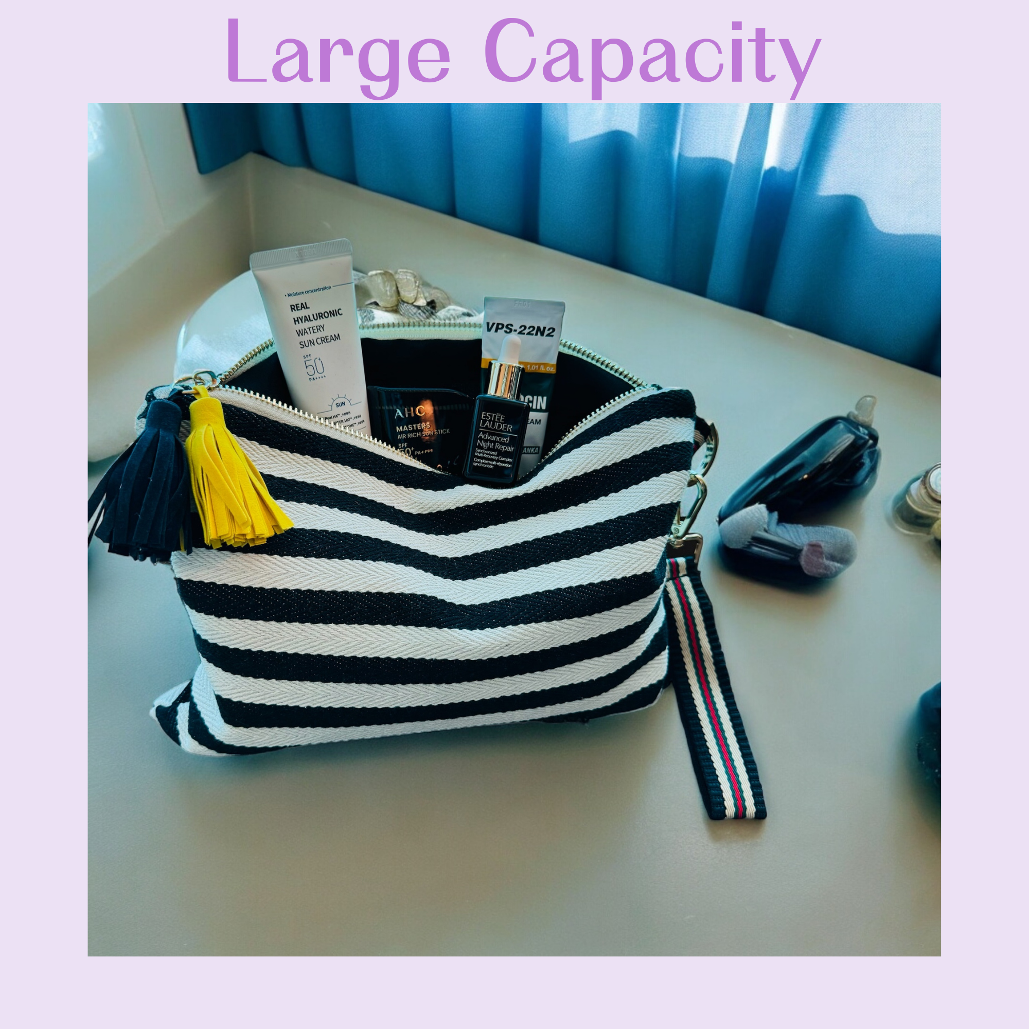 멀티 메이크업 파우치(검정)/ Striped Canvas Multi Pouch – Makeup · Travel · Everyday Organizer(Black)