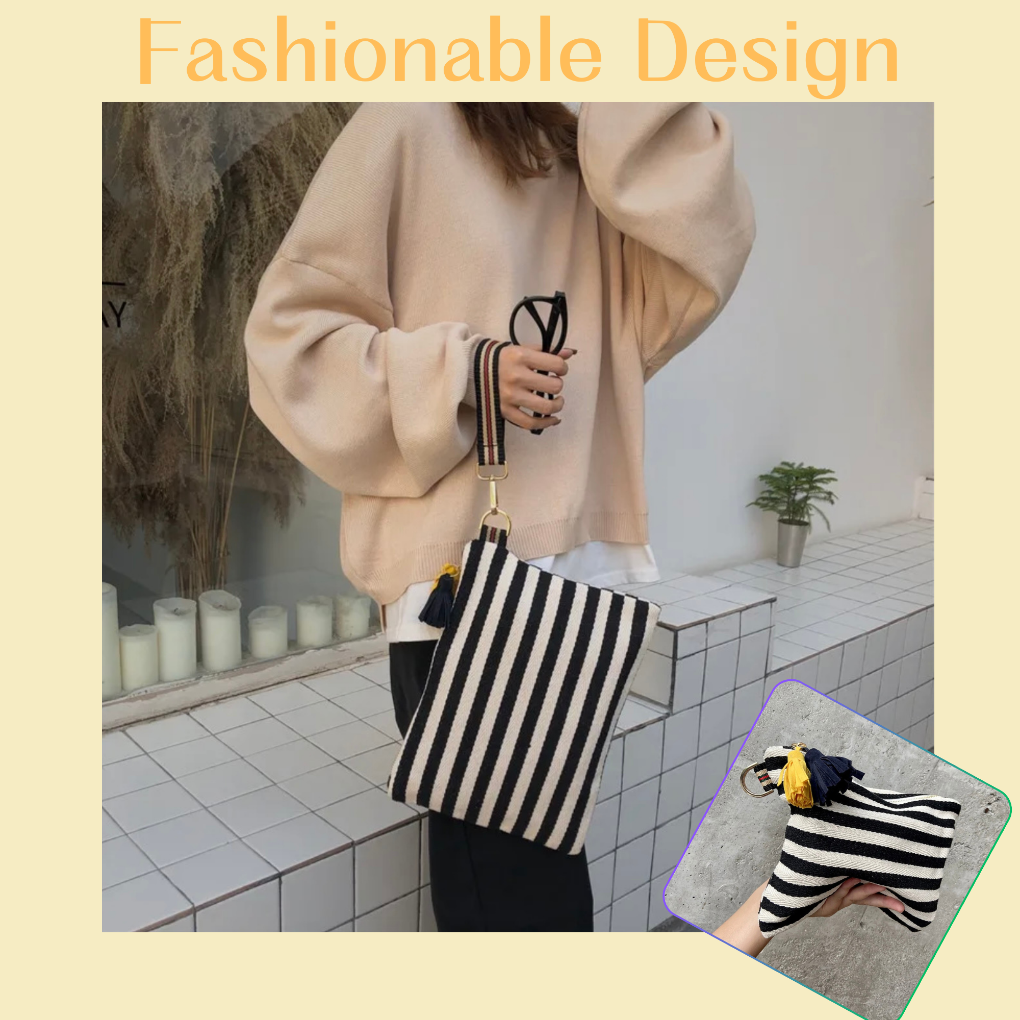 멀티 메이크업 파우치(노랑) / Striped Canvas Multi Pouch(Yellow) – Makeup · Travel · Everyday Organizer