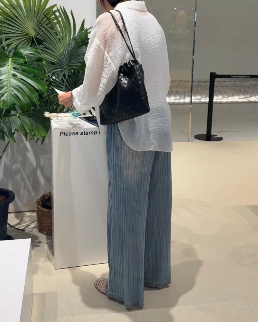 👖💙 [77-88가능] 여름엔 청바지 말고 청플리츠! 한국생산 아이스 데님 플리츠 와이드 팬츠 💙👖 체형커버 밴딩팬츠 · 시원한 여름팬츠 · 데님룩 플리츠팬츠 | Made in Korea Ice Denim Pleated Wide Pants ✨