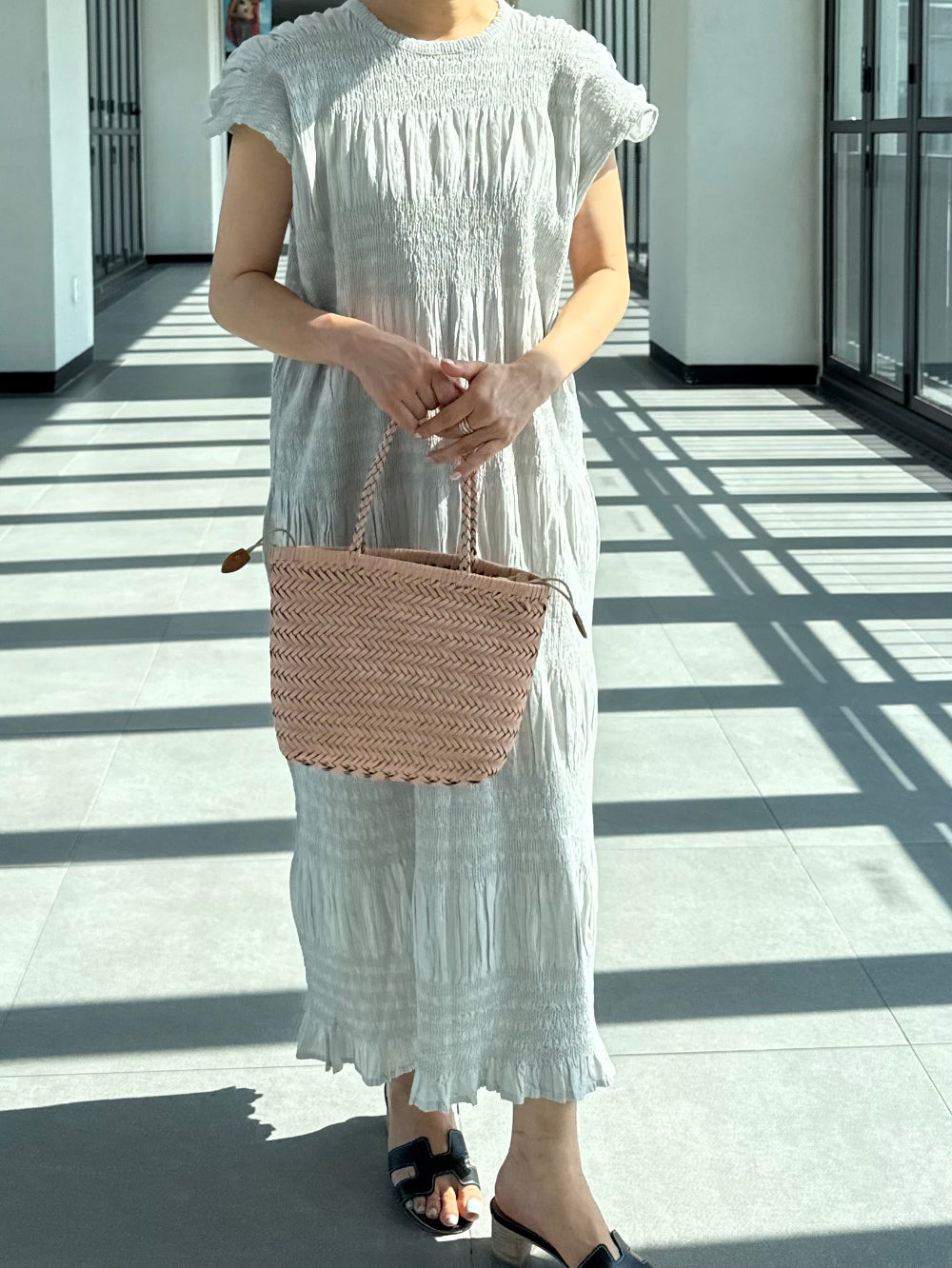 🌿 플리츠 스모그 이세 면 플리츠 롱 원피스 │ Issey Smocked Cotton Pleated Maxi Dress · 캡소매 · 체형커버 · 휴양지원피스 · 내추럴무드 · 55~77반 추천