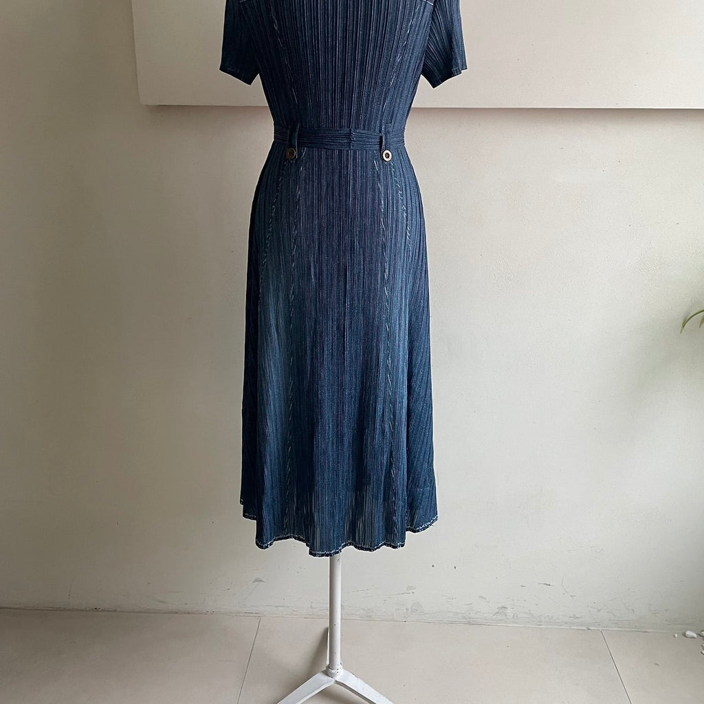 ✨ [44-66반까지예뻐요] 청 플리츠👗 데님 워싱 플리츠 카라 벨트 롱 원피스 | Denim Wash Pleated Collared Belted Long Dress ✨