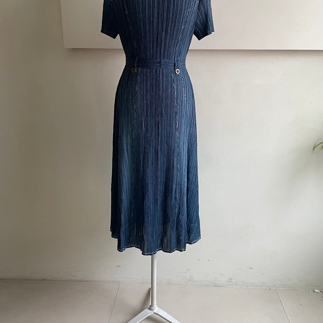 ✨ [44-66반까지예뻐요] 청 플리츠👗 데님 워싱 플리츠 카라 벨트 롱 원피스 | Denim Wash Pleated Collared Belted Long Dress ✨