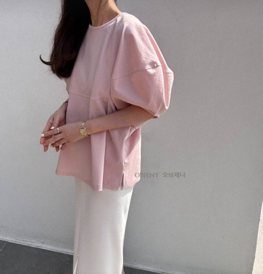 💕✨ [77사이즈 가능] 노리타 볼륨 퍼프소매 루즈핏 반팔 티셔츠 ✨💕 체형커버 오버핏 티셔츠 · 팔뚝커버 퍼프소매 · 데일리룩 출근룩 추천 | Puff Sleeve Relaxed Fit T-Shirt ✨ Body-Flattering Oversized Tee