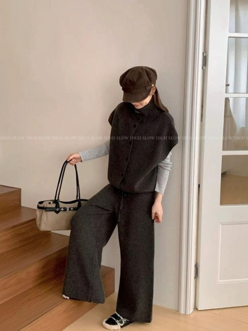 🧶 터틀하이넥 니트 베스트 & 와이드 팬츠 세트 | Turtleneck Knit Vest & Wide Pants Set