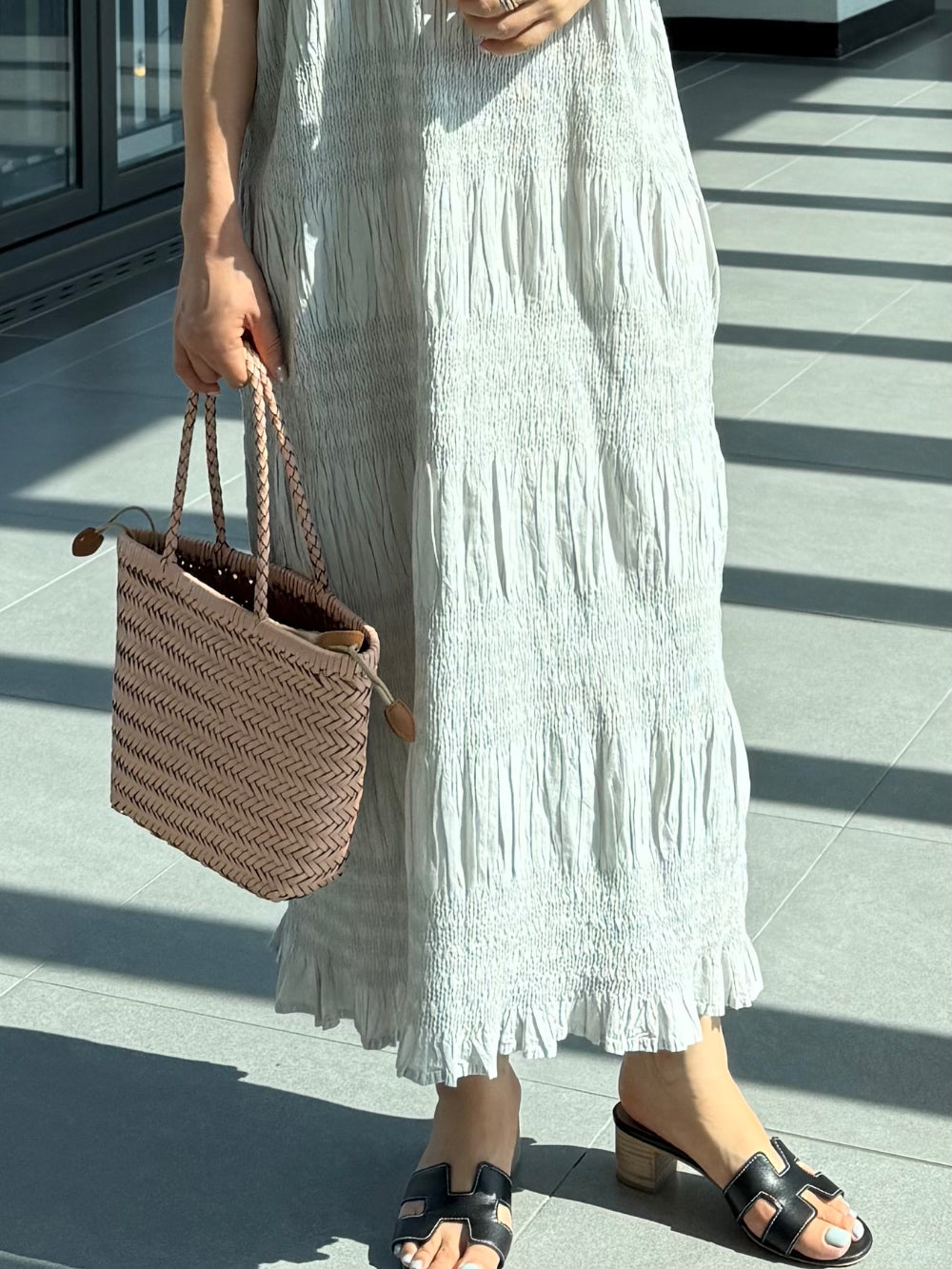 🌿 플리츠 스모그 이세 면 플리츠 롱 원피스 │ Issey Smocked Cotton Pleated Maxi Dress · 캡소매 · 체형커버 · 휴양지원피스 · 내추럴무드 · 55~77반 추천