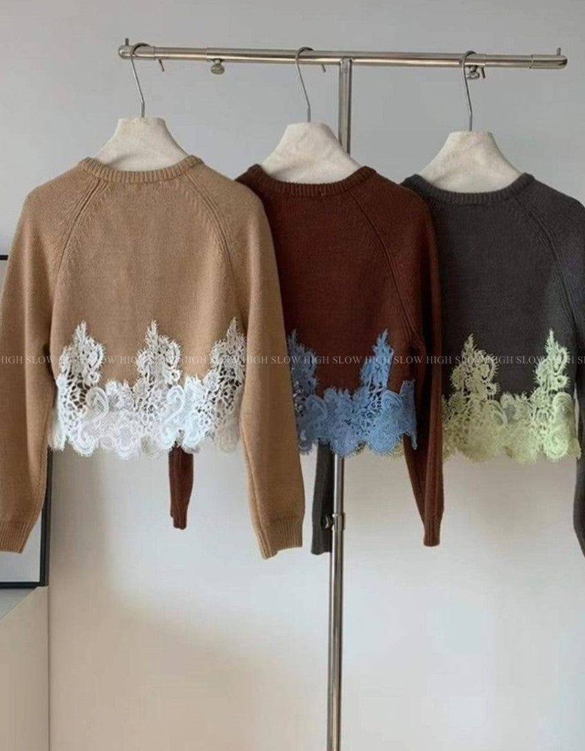 🧶 [레이스 포인트] 배색 레이스 울 니트 가디건 | Contrast Lace Wool Knit Cardigan