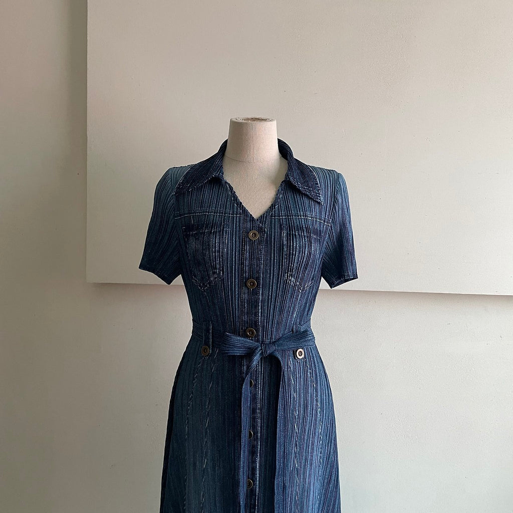 ✨ [44-66반까지예뻐요] 청 플리츠👗 데님 워싱 플리츠 카라 벨트 롱 원피스 | Denim Wash Pleated Collared Belted Long Dress ✨