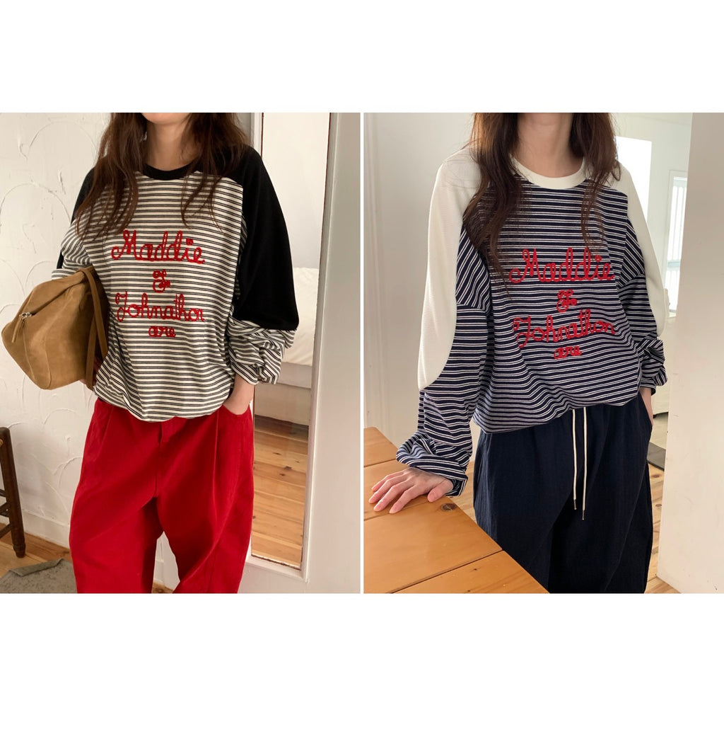 🧵 [벤티 스트라이프 배색] 레드 레터링 자수 맨투맨 | Stripe Color Block Embroidery Sweatshirt