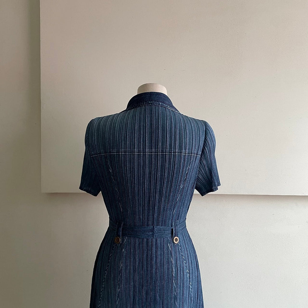 ✨ [44-66반까지예뻐요] 청 플리츠👗 데님 워싱 플리츠 카라 벨트 롱 원피스 | Denim Wash Pleated Collared Belted Long Dress ✨
