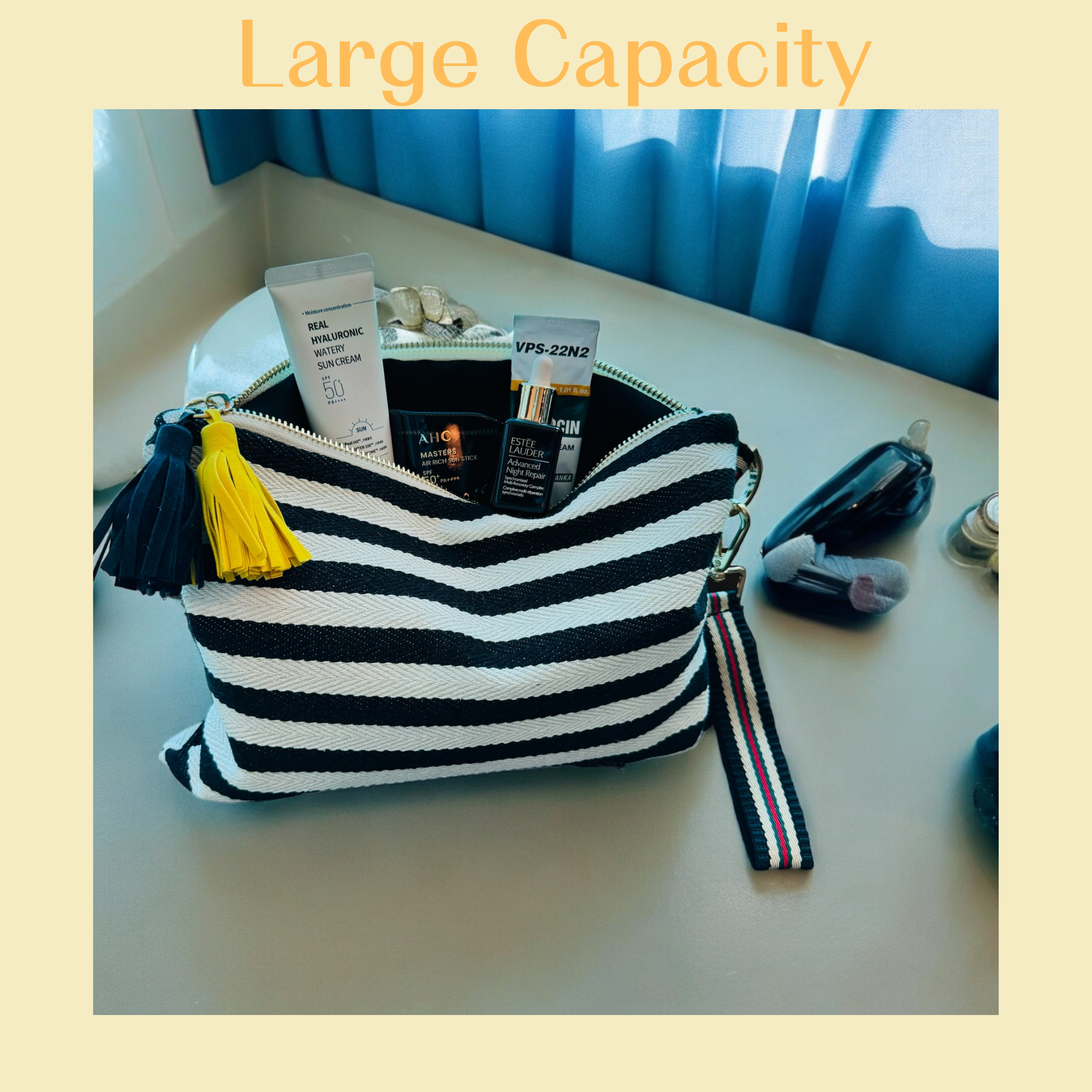멀티 메이크업 파우치(노랑) / Striped Canvas Multi Pouch(Yellow) – Makeup · Travel · Everyday Organizer