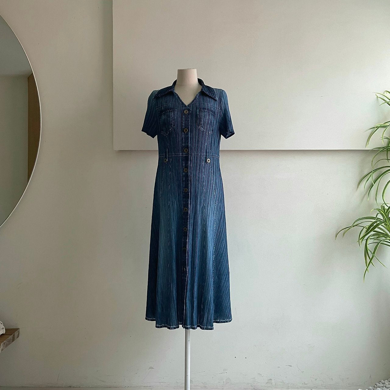 ✨ [44-66반까지예뻐요] 청 플리츠👗 데님 워싱 플리츠 카라 벨트 롱 원피스 | Denim Wash Pleated Collared Belted Long Dress ✨