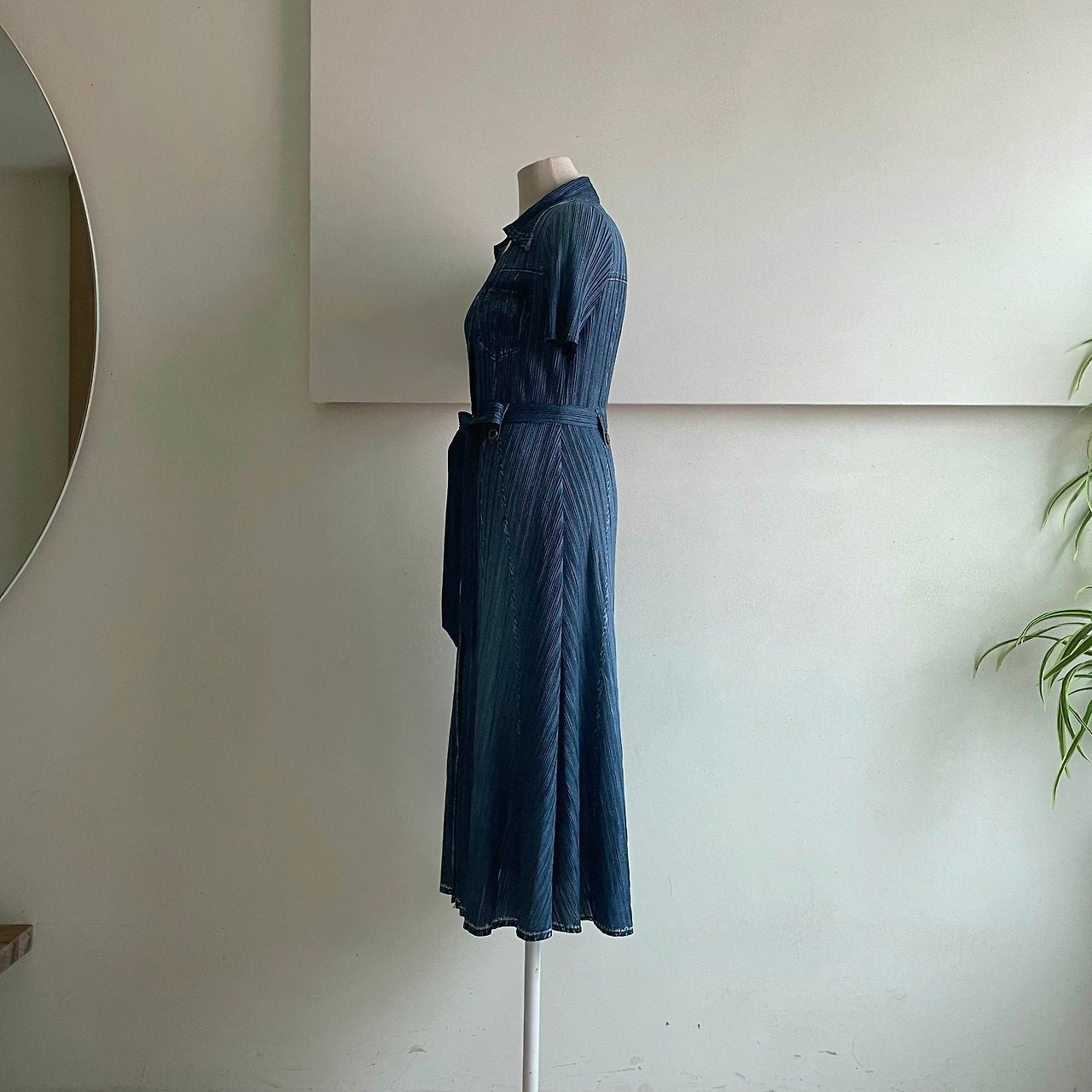 ✨ [44-66반까지예뻐요] 청 플리츠👗 데님 워싱 플리츠 카라 벨트 롱 원피스 | Denim Wash Pleated Collared Belted Long Dress ✨