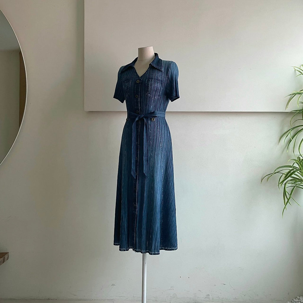 ✨ [44-66반까지예뻐요] 청 플리츠👗 데님 워싱 플리츠 카라 벨트 롱 원피스 | Denim Wash Pleated Collared Belted Long Dress ✨