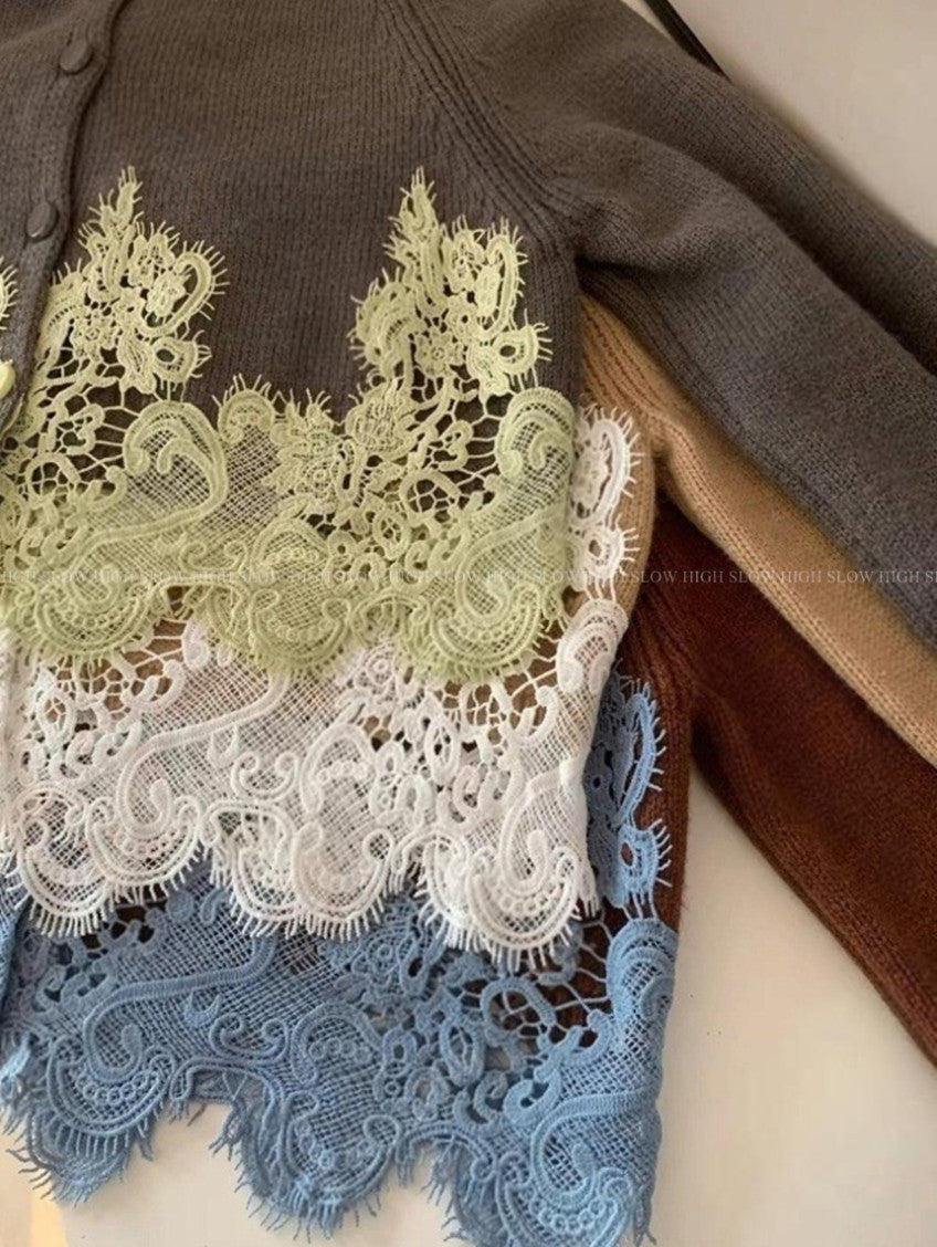 🧶 [레이스 포인트] 배색 레이스 울 니트 가디건 | Contrast Lace Wool Knit Cardigan