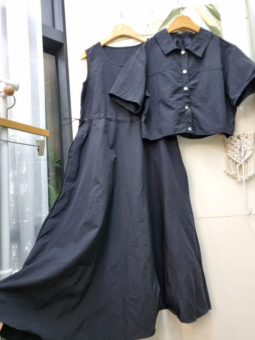 🧸[66반까지 가능] 안나 바스락 원피스 & 크롭자켓 세트 · 투웨이 착용 · 체형커버 · 여름 교회룩 · 데일리룩 | Anna Dress & Jacket Set
