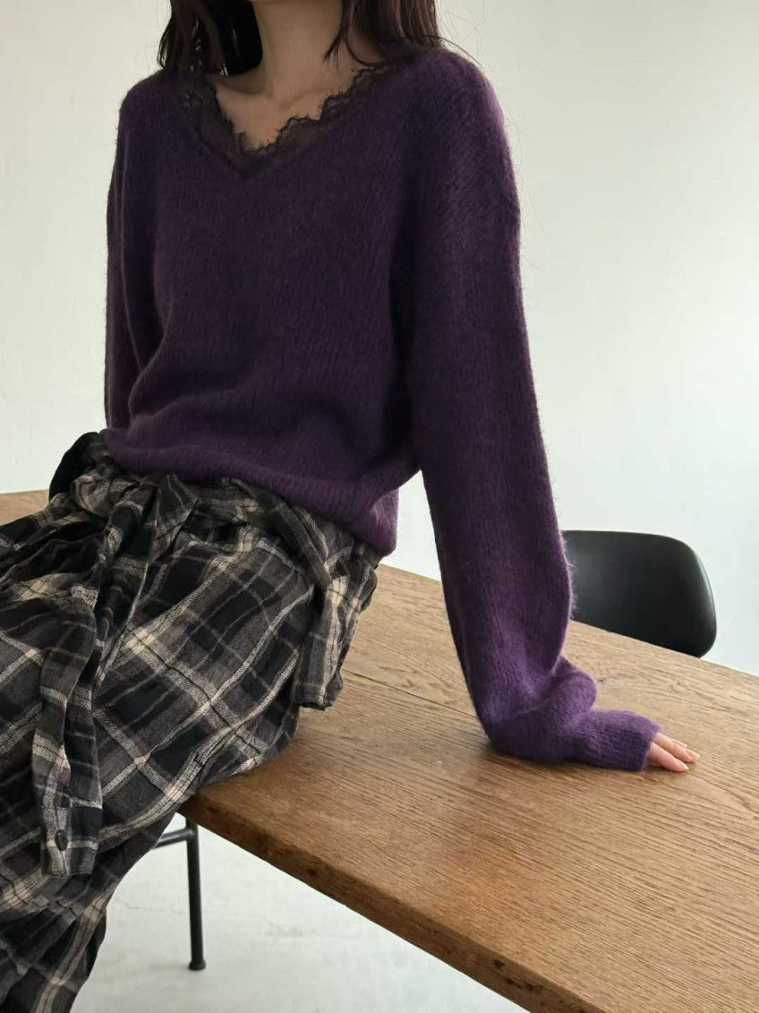 💜 톡시 레이스 V넥 앙고라 니트 | Lace V-Neck Angora Knit
