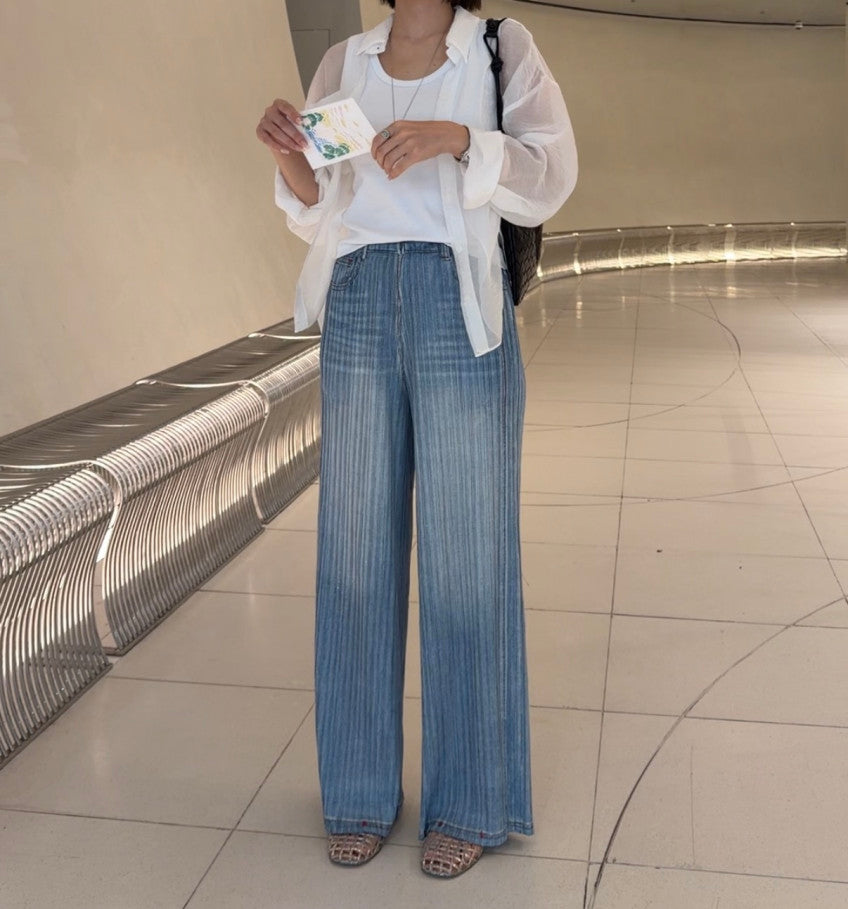 👖💙 [77-88가능] 여름엔 청바지 말고 청플리츠! 한국생산 아이스 데님 플리츠 와이드 팬츠 💙👖 체형커버 밴딩팬츠 · 시원한 여름팬츠 · 데님룩 플리츠팬츠 | Made in Korea Ice Denim Pleated Wide Pants ✨
