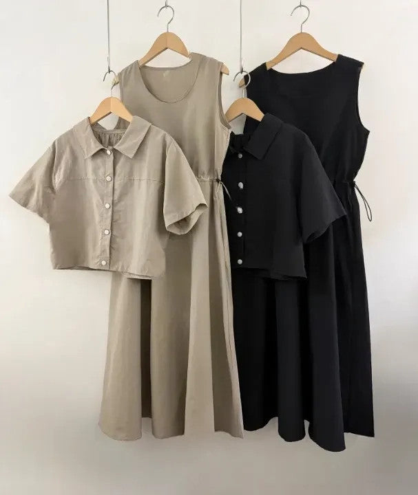 🧸[66반까지 가능] 안나 바스락 원피스 & 크롭자켓 세트 · 투웨이 착용 · 체형커버 · 여름 교회룩 · 데일리룩 | Anna Dress & Jacket Set