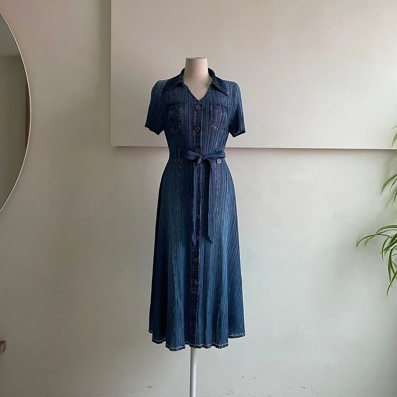 ✨ [44-66반까지예뻐요] 청 플리츠👗 데님 워싱 플리츠 카라 벨트 롱 원피스 | Denim Wash Pleated Collared Belted Long Dress ✨