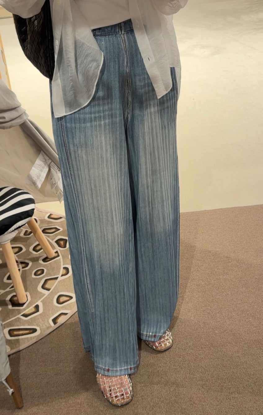👖💙 [77-88가능] 여름엔 청바지 말고 청플리츠! 한국생산 아이스 데님 플리츠 와이드 팬츠 💙👖 체형커버 밴딩팬츠 · 시원한 여름팬츠 · 데님룩 플리츠팬츠 | Made in Korea Ice Denim Pleated Wide Pants ✨