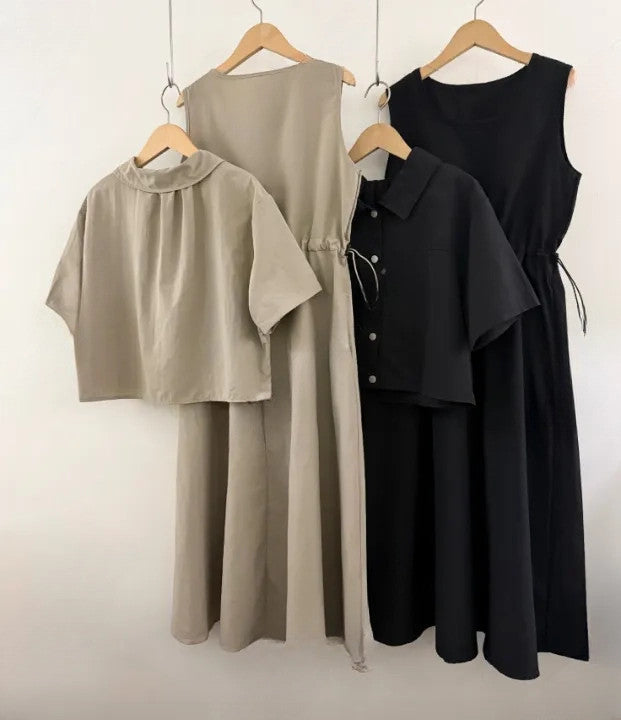 🧸[66반까지 가능] 안나 바스락 원피스 & 크롭자켓 세트 · 투웨이 착용 · 체형커버 · 여름 교회룩 · 데일리룩 | Anna Dress & Jacket Set
