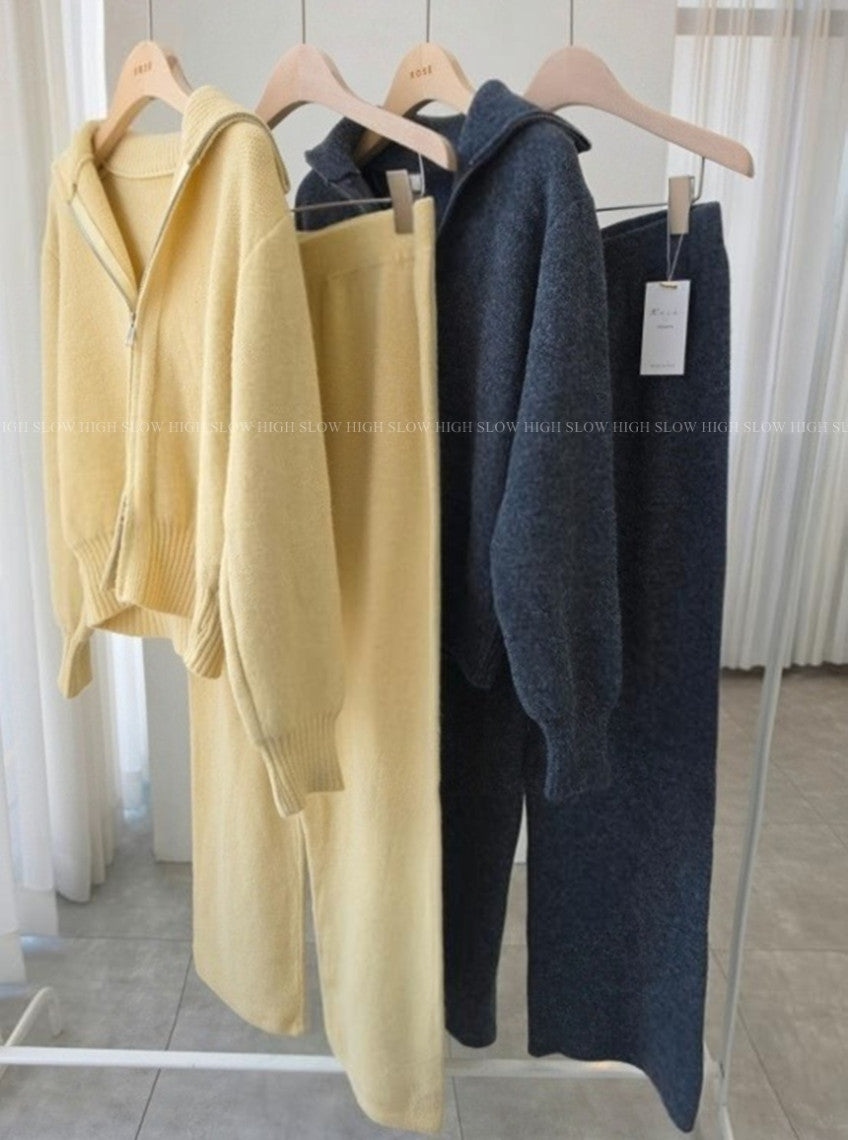 🧶 [로제ROSE] 포근한 라운지 집업 니트 & 와이드 팬츠 세트 | Cozy Knit Zip-Up & Wide Pants Set