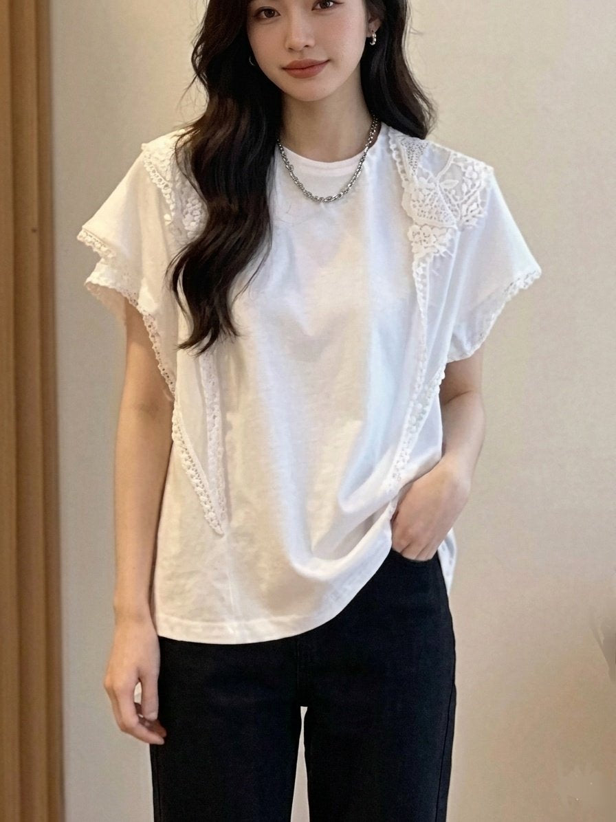 🌿 [리더제이] [44~77까지] 레이스 머플러 포인트 실켓 티셔츠 여성 반팔티 데일리룩 레이어드 티 | Leader J Lace Scarf Point Silket T-Shirt