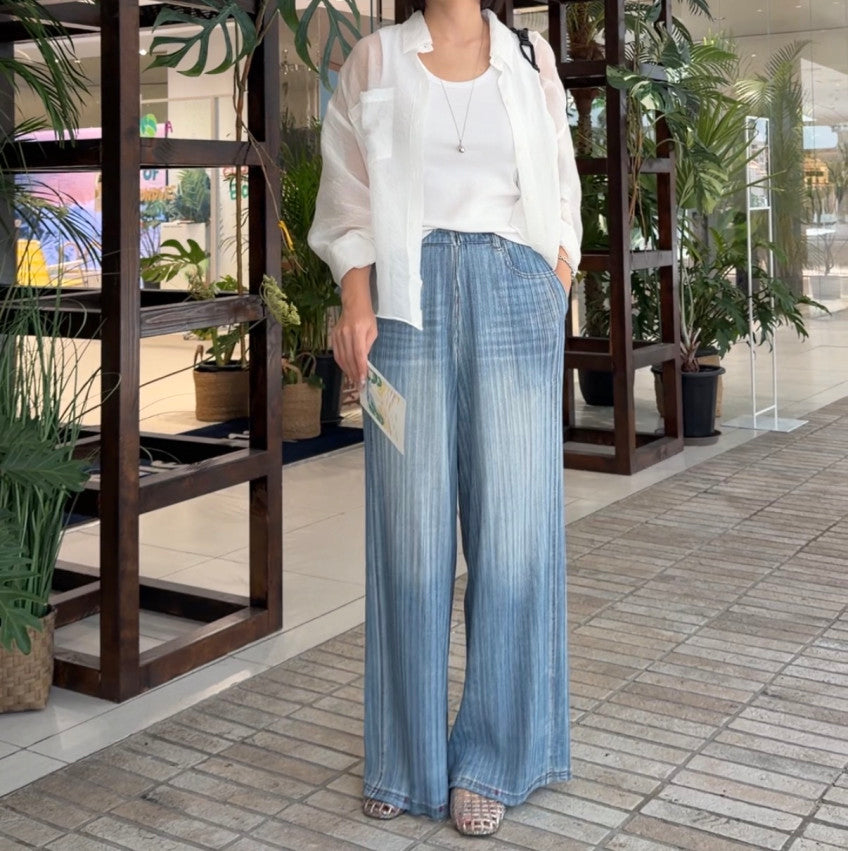 👖💙 [77-88가능] 여름엔 청바지 말고 청플리츠! 한국생산 아이스 데님 플리츠 와이드 팬츠 💙👖 체형커버 밴딩팬츠 · 시원한 여름팬츠 · 데님룩 플리츠팬츠 | Made in Korea Ice Denim Pleated Wide Pants ✨