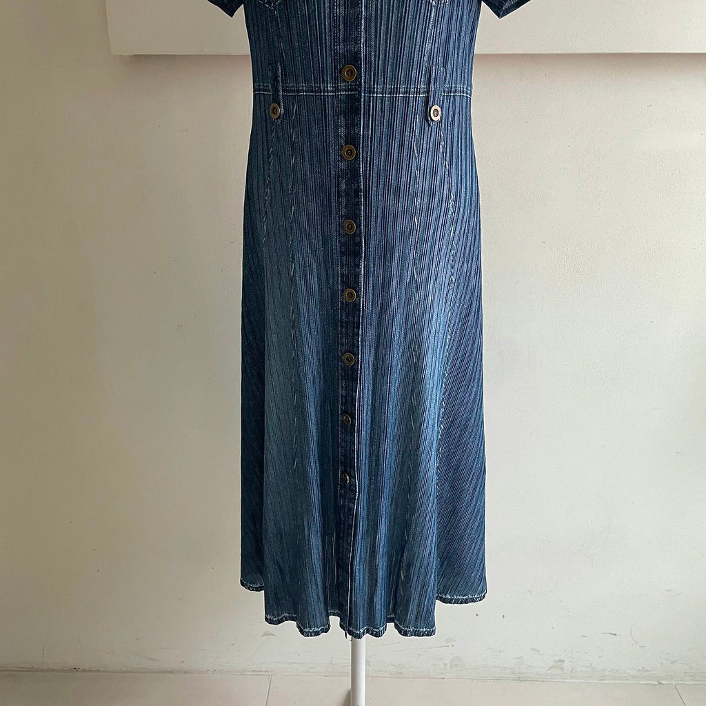 ✨ [44-66반까지예뻐요] 청 플리츠👗 데님 워싱 플리츠 카라 벨트 롱 원피스 | Denim Wash Pleated Collared Belted Long Dress ✨