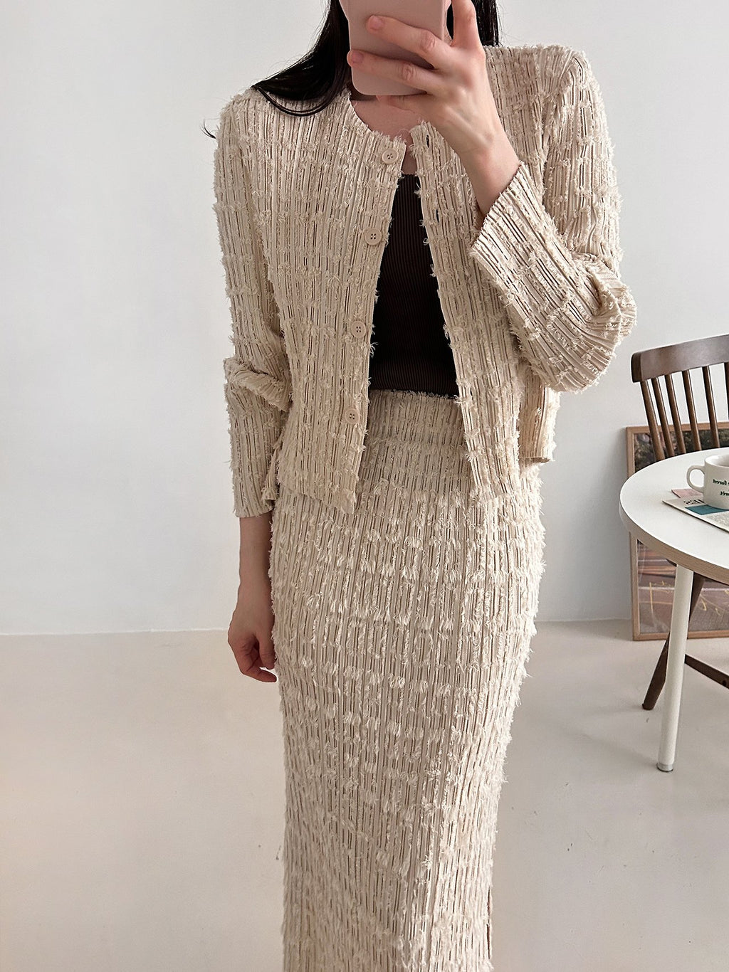 ✨ [플리츠트위드] 고급스러운 텍스처, 플리츠 트위드 자켓 & 스커트 세트 | Pleated Tweed Jacket & Skirt Set