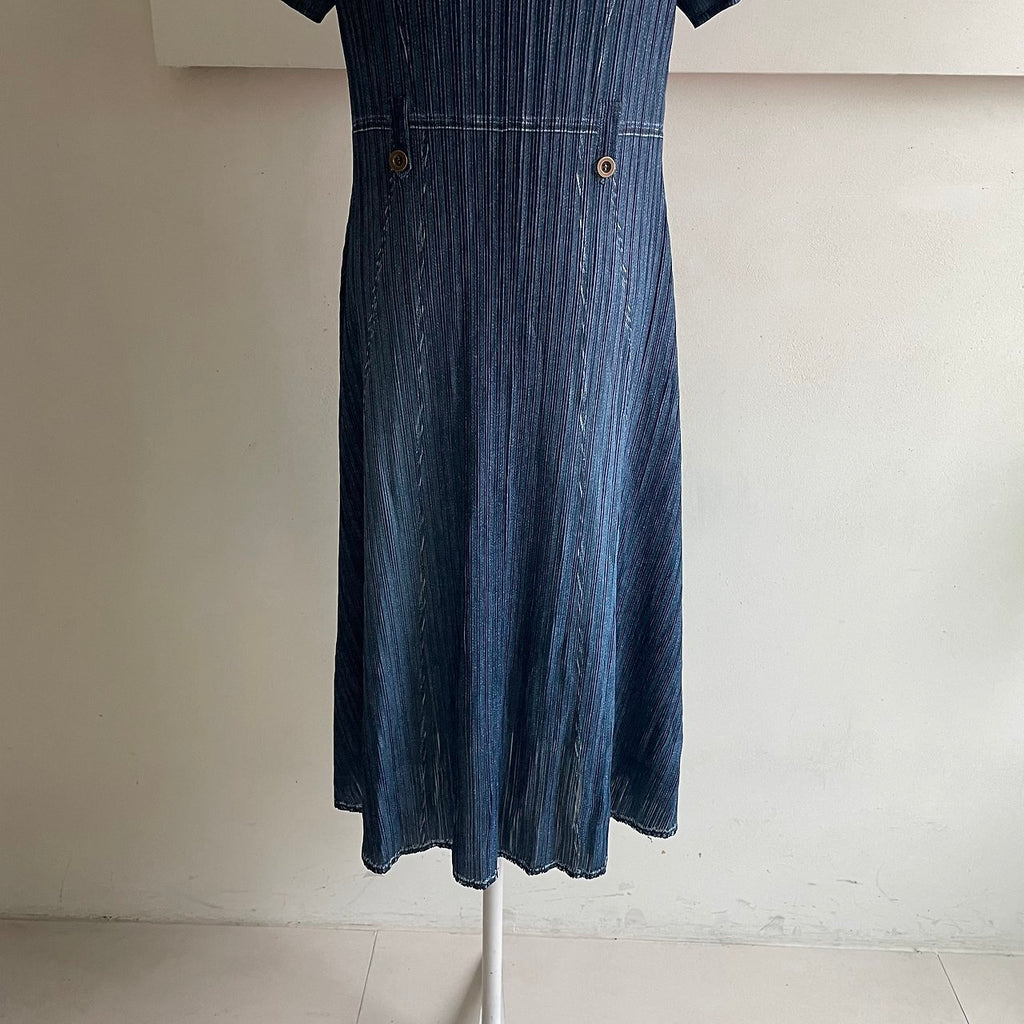 ✨ [44-66반까지예뻐요] 청 플리츠👗 데님 워싱 플리츠 카라 벨트 롱 원피스 | Denim Wash Pleated Collared Belted Long Dress ✨