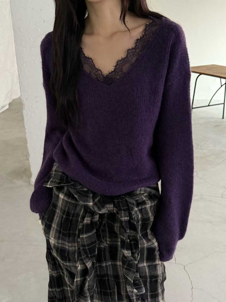 💜 톡시 레이스 V넥 앙고라 니트 | Lace V-Neck Angora Knit