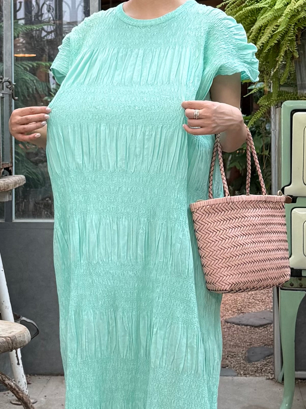 🌿 플리츠 스모그 이세 면 플리츠 롱 원피스 │ Issey Smocked Cotton Pleated Maxi Dress · 캡소매 · 체형커버 · 휴양지원피스 · 내추럴무드 · 55~77반 추천