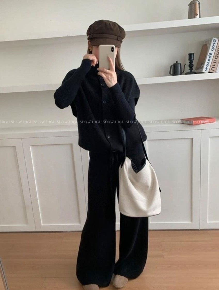 🧶 터틀하이넥 니트 베스트 & 와이드 팬츠 세트 | Turtleneck Knit Vest & Wide Pants Set