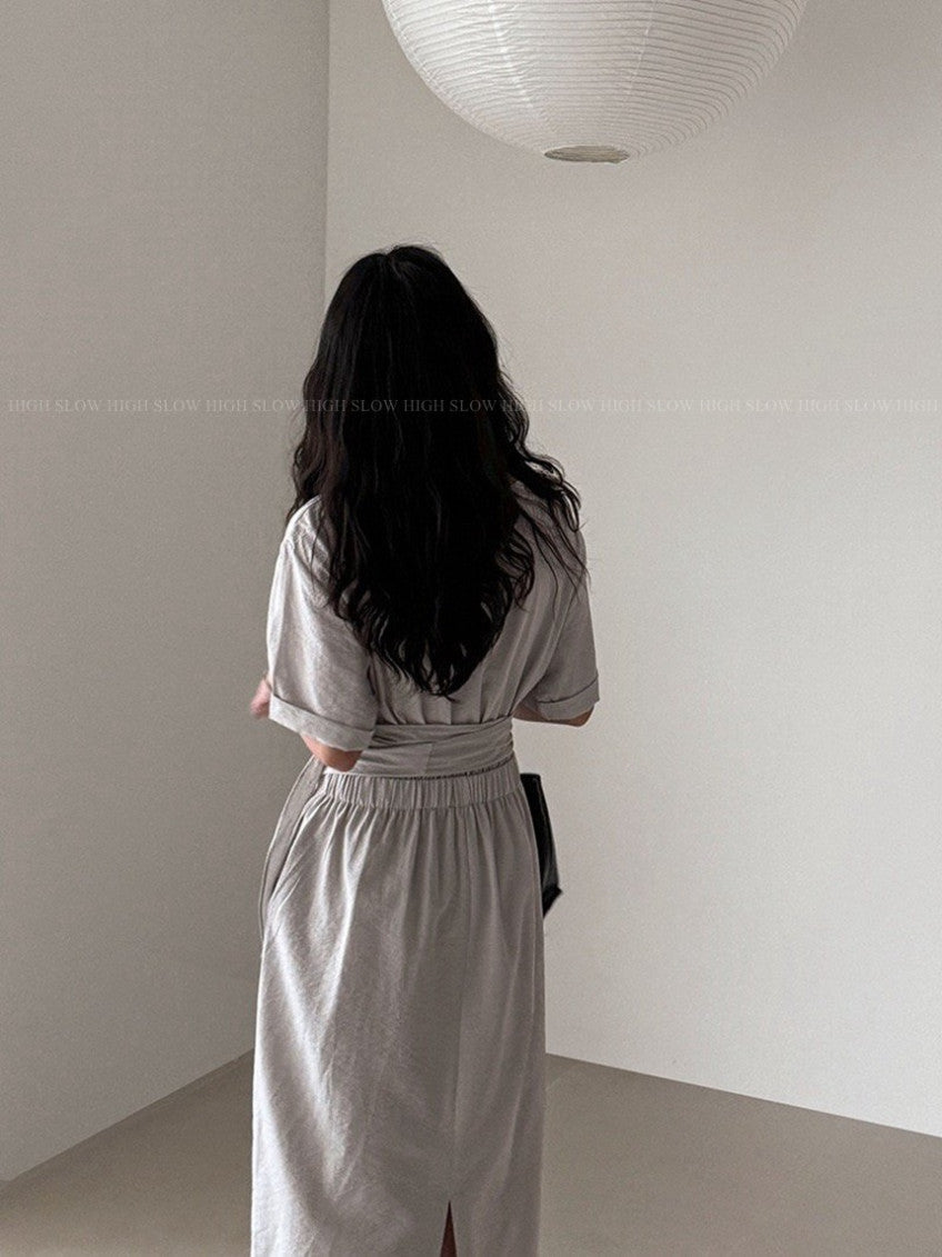 🤍✨ 어반시크 체형커버 랩 디테일 린넨 롱원피스 – 뒷밴딩·포켓·여리핏 데일리 원피스 │ Urban Chic Wrap Linen Maxi Dress ✨🤍