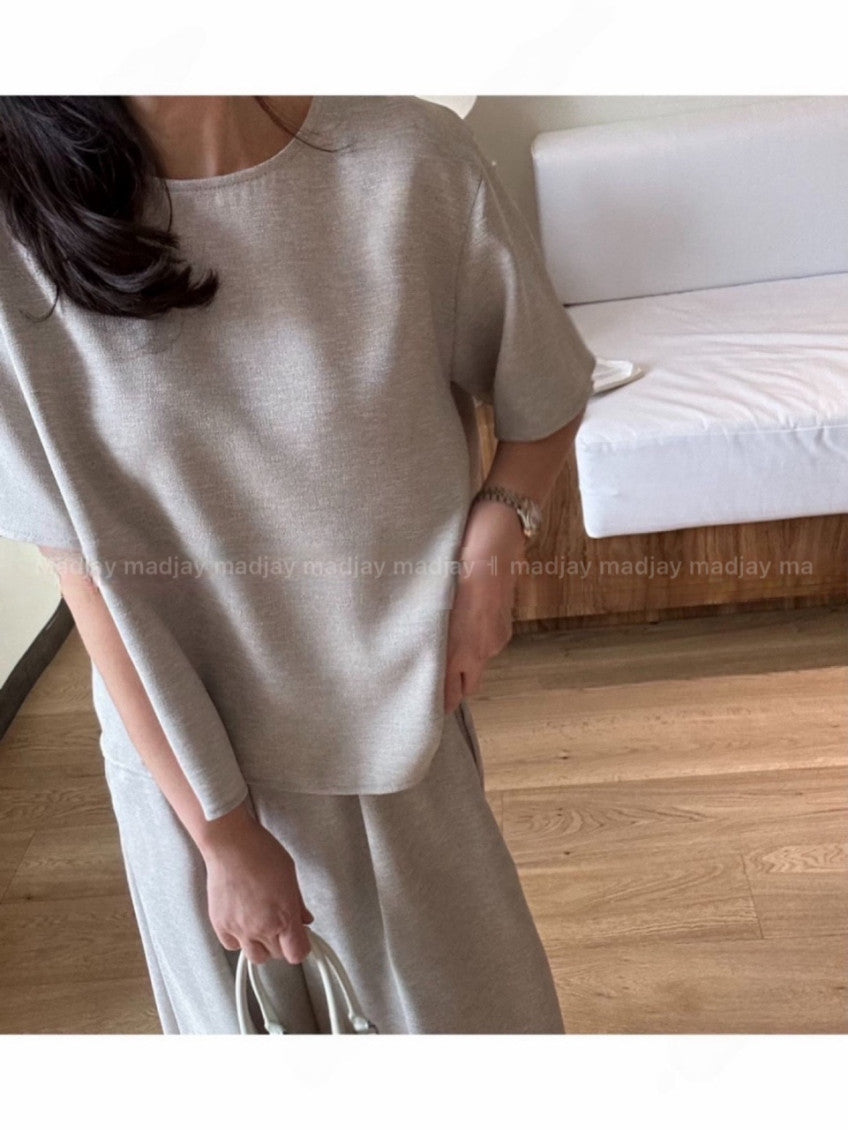 ✨ [노리타] [~88까지] 프리미엄 링클프리 린넨 터치 투피스 세트 루즈핏 반팔 티셔츠 와이드 밴딩 팬츠 여름 데일리룩 여행룩 | Premium Wrinkle-Free Linen Touch Two-Piece Set Relaxed Top & Wide-Leg Elastic Pants ✨