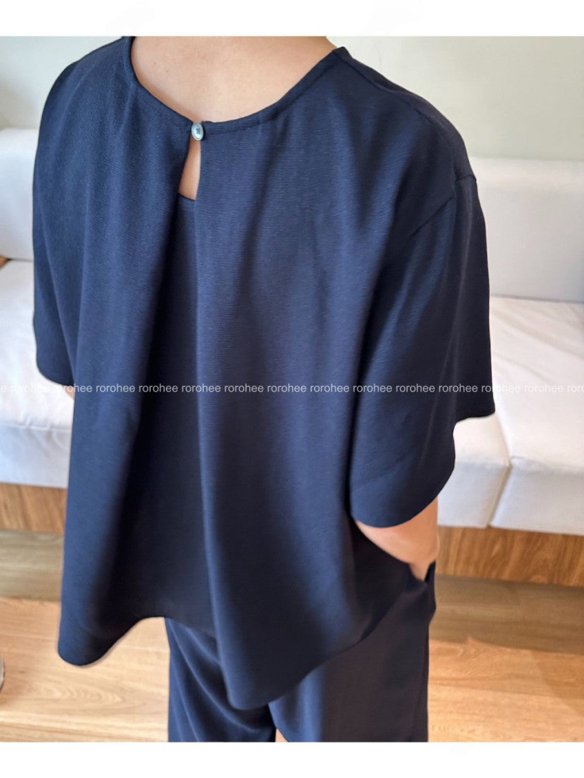 ✨ [노리타] [~88까지] 프리미엄 링클프리 린넨 터치 투피스 세트 루즈핏 반팔 티셔츠 와이드 밴딩 팬츠 여름 데일리룩 여행룩 | Premium Wrinkle-Free Linen Touch Two-Piece Set Relaxed Top & Wide-Leg Elastic Pants ✨