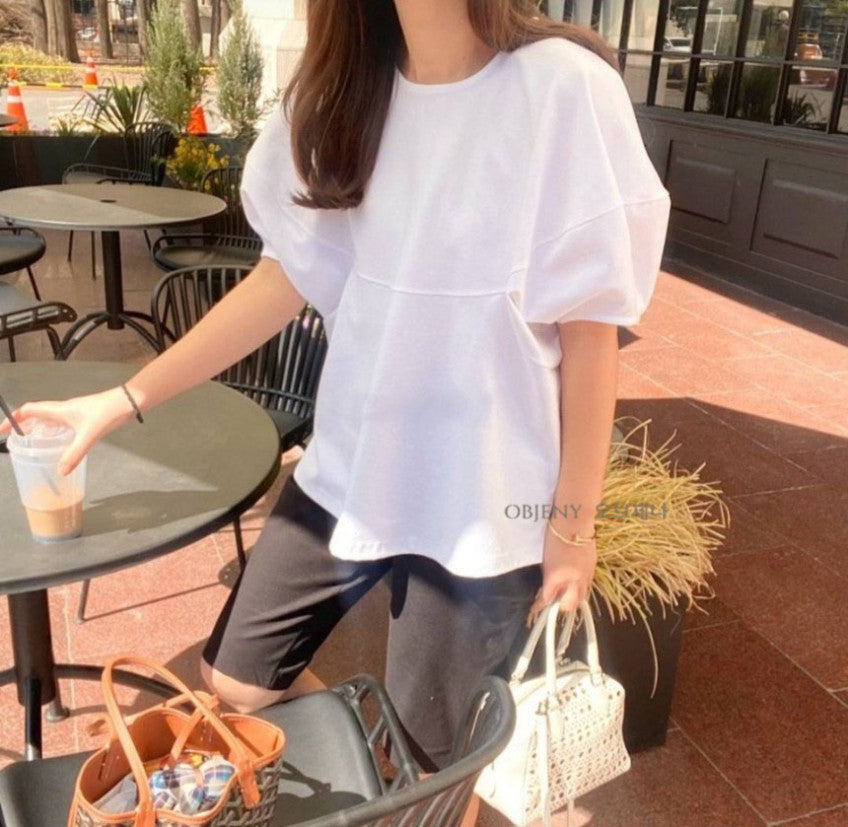 💕✨ [77사이즈 가능] 노리타 볼륨 퍼프소매 루즈핏 반팔 티셔츠 ✨💕 체형커버 오버핏 티셔츠 · 팔뚝커버 퍼프소매 · 데일리룩 출근룩 추천 | Puff Sleeve Relaxed Fit T-Shirt ✨ Body-Flattering Oversized Tee