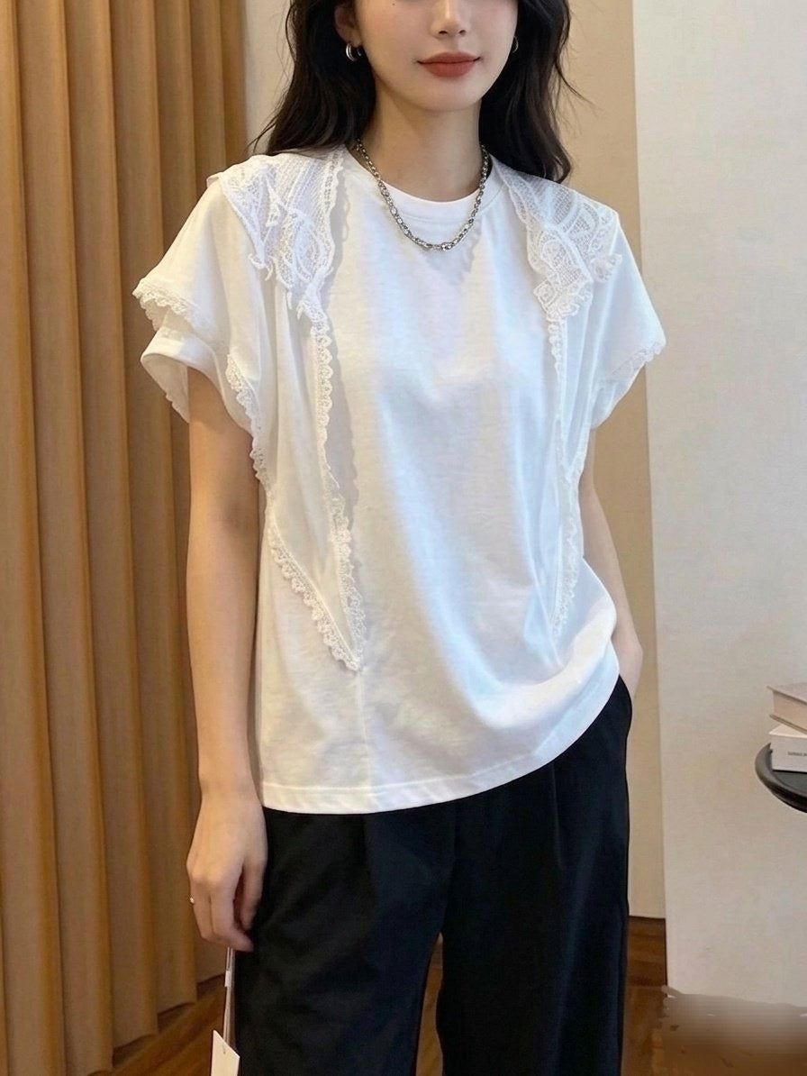 🌿 [리더제이] [44~77까지] 레이스 머플러 포인트 실켓 티셔츠 여성 반팔티 데일리룩 레이어드 티 | Leader J Lace Scarf Point Silket T-Shirt