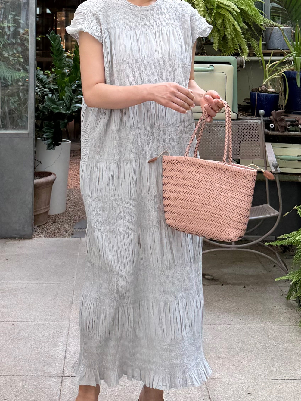 🌿 플리츠 스모그 이세 면 플리츠 롱 원피스 │ Issey Smocked Cotton Pleated Maxi Dress · 캡소매 · 체형커버 · 휴양지원피스 · 내추럴무드 · 55~77반 추천
