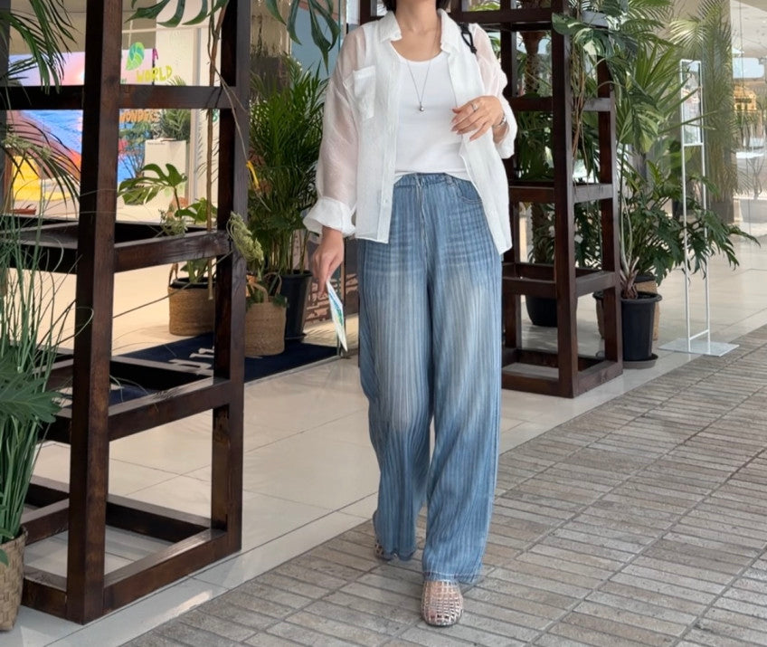 👖💙 [77-88가능] 여름엔 청바지 말고 청플리츠! 한국생산 아이스 데님 플리츠 와이드 팬츠 💙👖 체형커버 밴딩팬츠 · 시원한 여름팬츠 · 데님룩 플리츠팬츠 | Made in Korea Ice Denim Pleated Wide Pants ✨