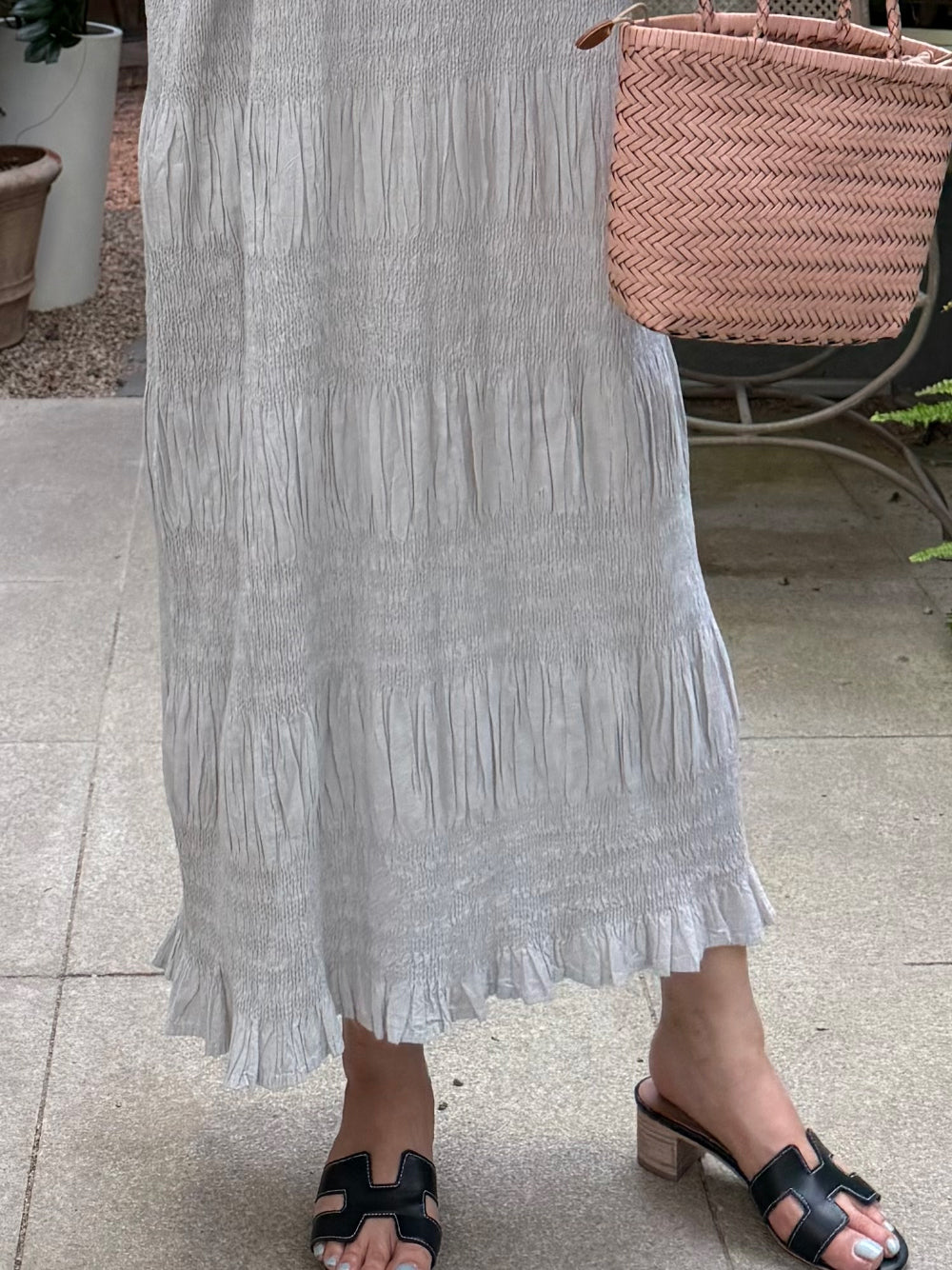 🌿 플리츠 스모그 이세 면 플리츠 롱 원피스 │ Issey Smocked Cotton Pleated Maxi Dress · 캡소매 · 체형커버 · 휴양지원피스 · 내추럴무드 · 55~77반 추천