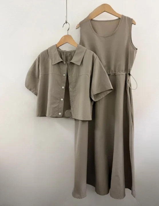 🧸[66반까지 가능] 안나 바스락 원피스 & 크롭자켓 세트 · 투웨이 착용 · 체형커버 · 여름 교회룩 · 데일리룩 | Anna Dress & Jacket Set